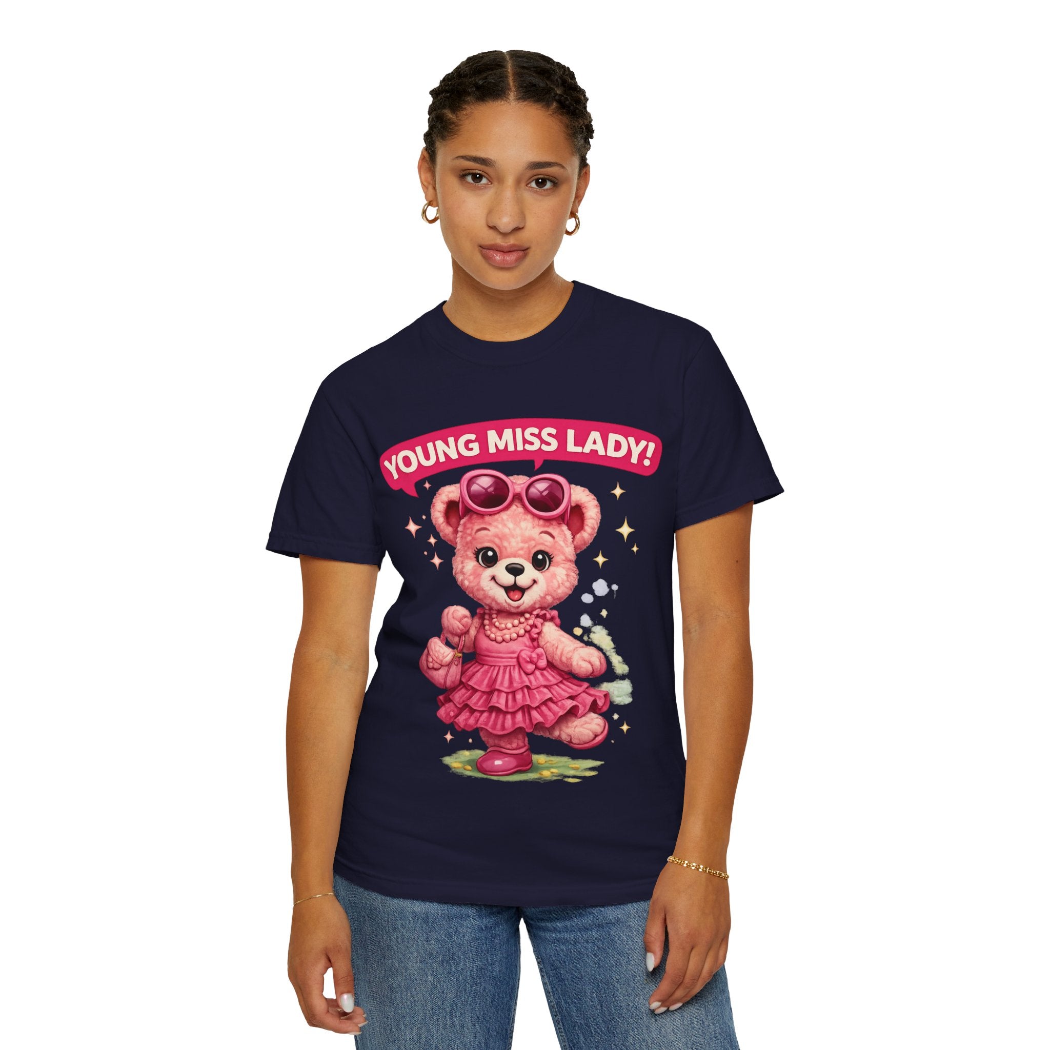 Young Miss Lady Teddy Bear T-Shirt | Cute Pink Bear Graphic Tee | Kawaii Unisex Casual Shirt | Adorable Fashion T-Shirt
