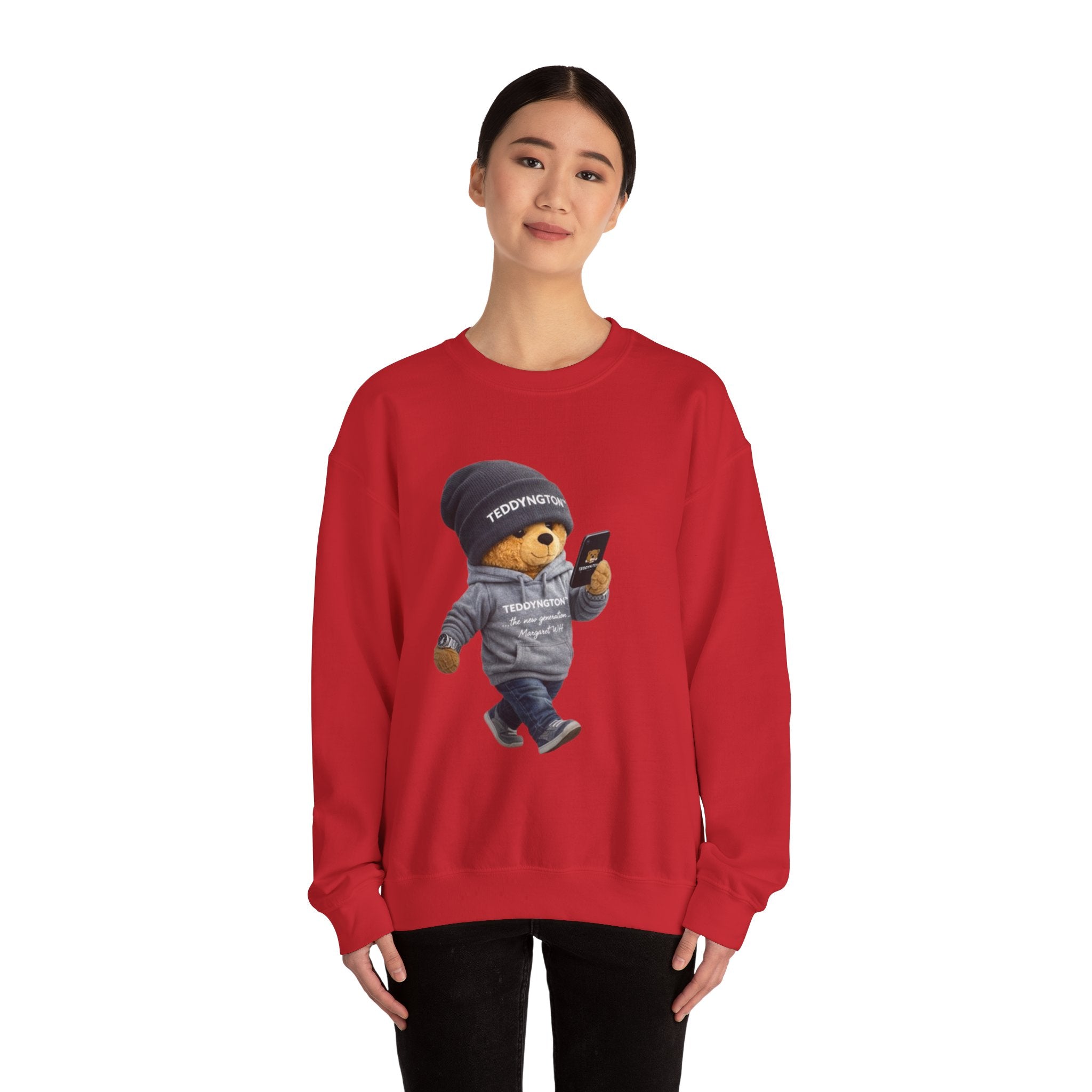 Crewneck Sweatshirt — Teddy Bear with Beanie & Phone Graphic