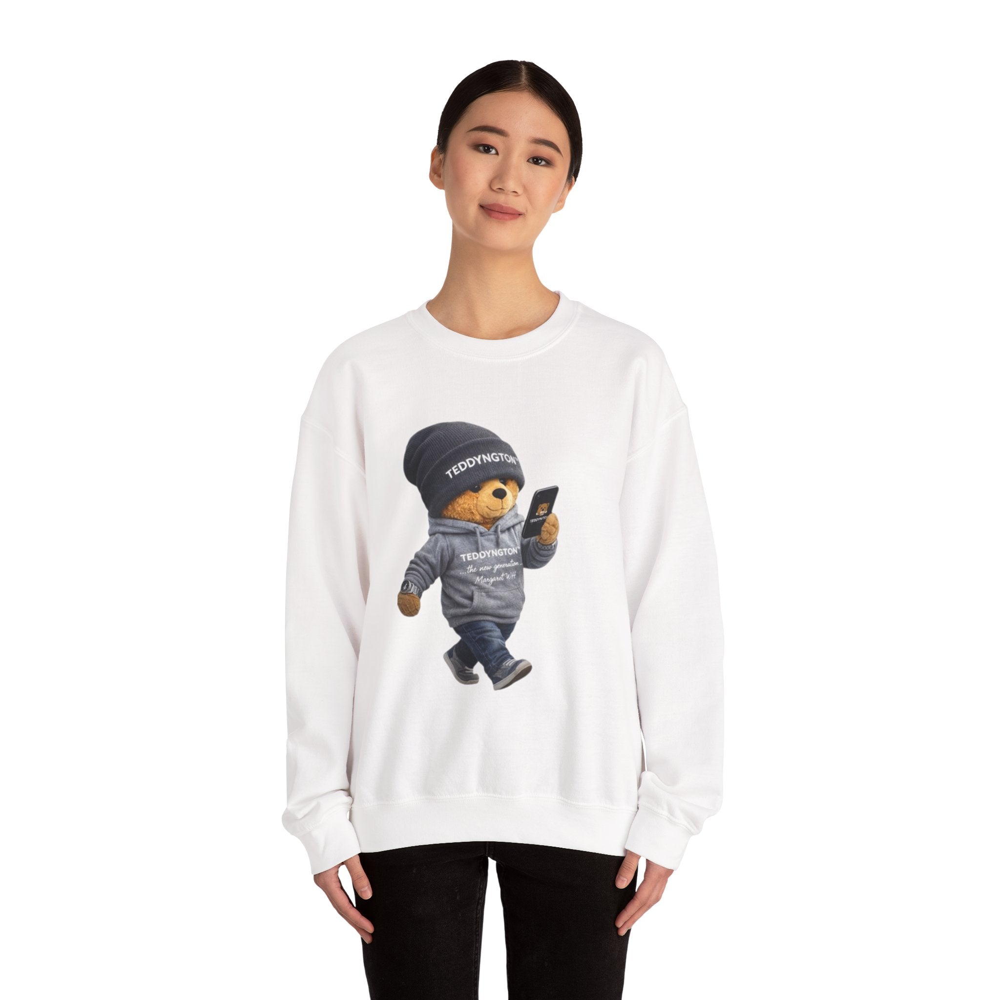 Crewneck Sweatshirt — Teddy Bear with Beanie & Phone Graphic