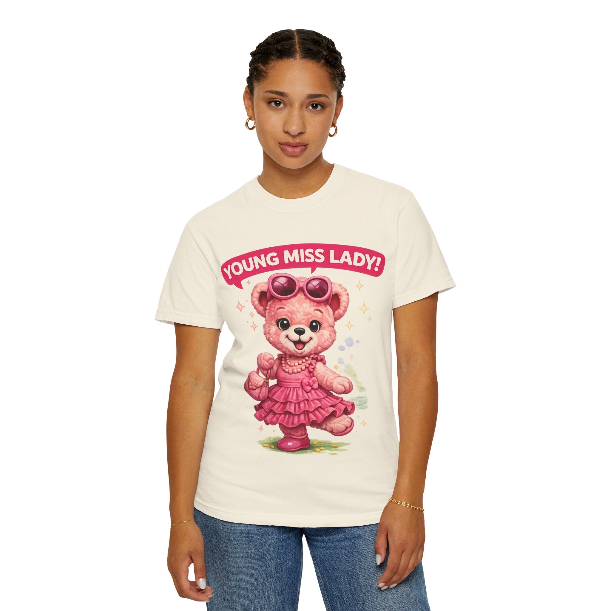 Young Miss Lady Teddy Bear T-Shirt | Cute Pink Bear Graphic Tee | Kawaii Unisex Casual Shirt | Adorable Fashion T-Shirt