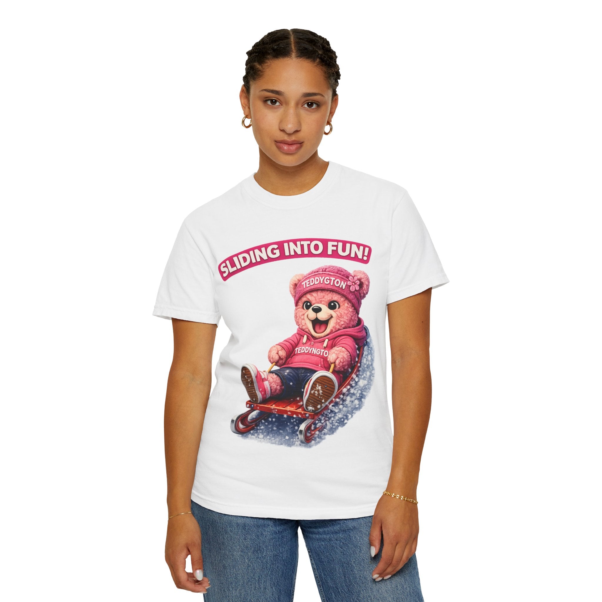 Sliding Into Fun Teddy Bear T-Shirt | Cute Winter Bear Graphic Tee | Unisex Casual Shirt | Funny Aesthetic Bear T-Shirt