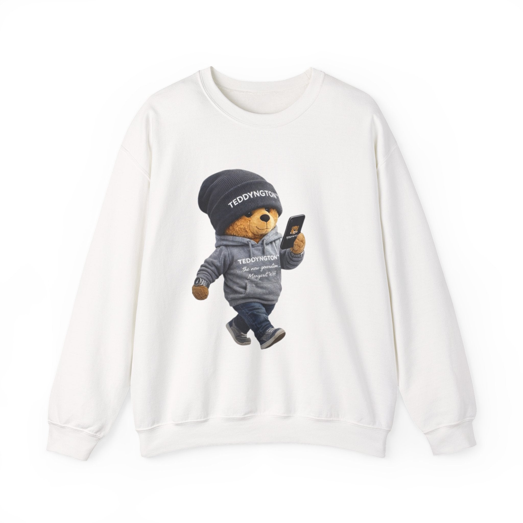 Crewneck Sweatshirt — Teddy Bear with Beanie & Phone Graphic