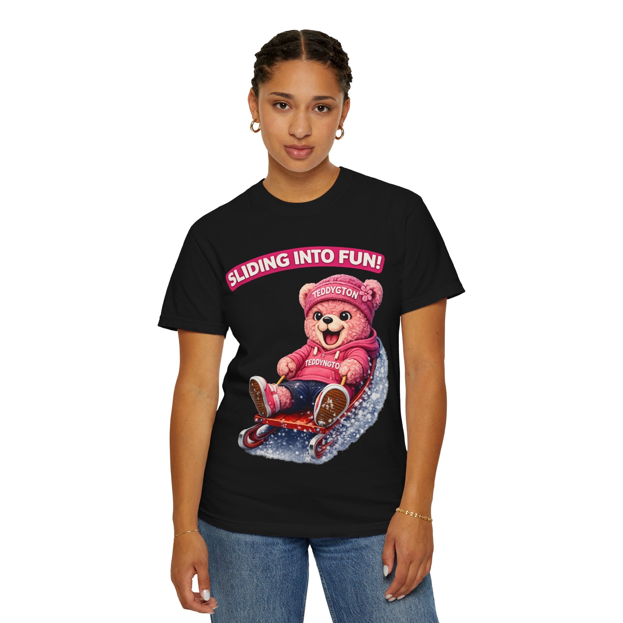 Sliding Into Fun Teddy Bear T-Shirt | Cute Winter Bear Graphic Tee | Unisex Casual Shirt | Funny Aesthetic Bear T-Shirt
