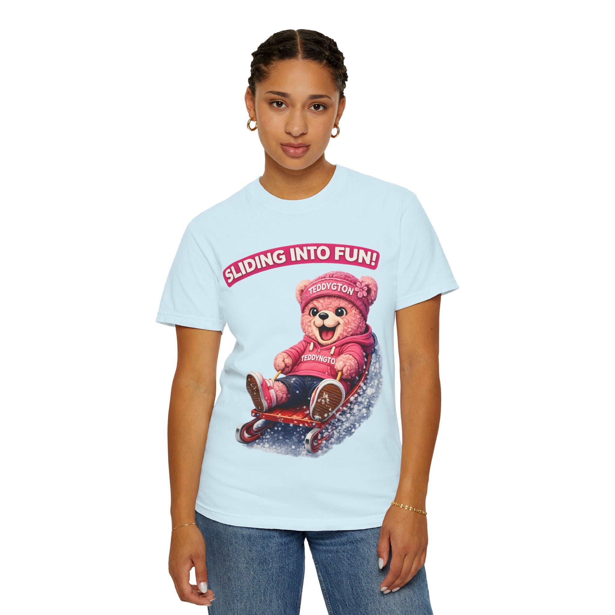 Sliding Into Fun Teddy Bear T-Shirt | Cute Winter Bear Graphic Tee | Unisex Casual Shirt | Funny Aesthetic Bear T-Shirt