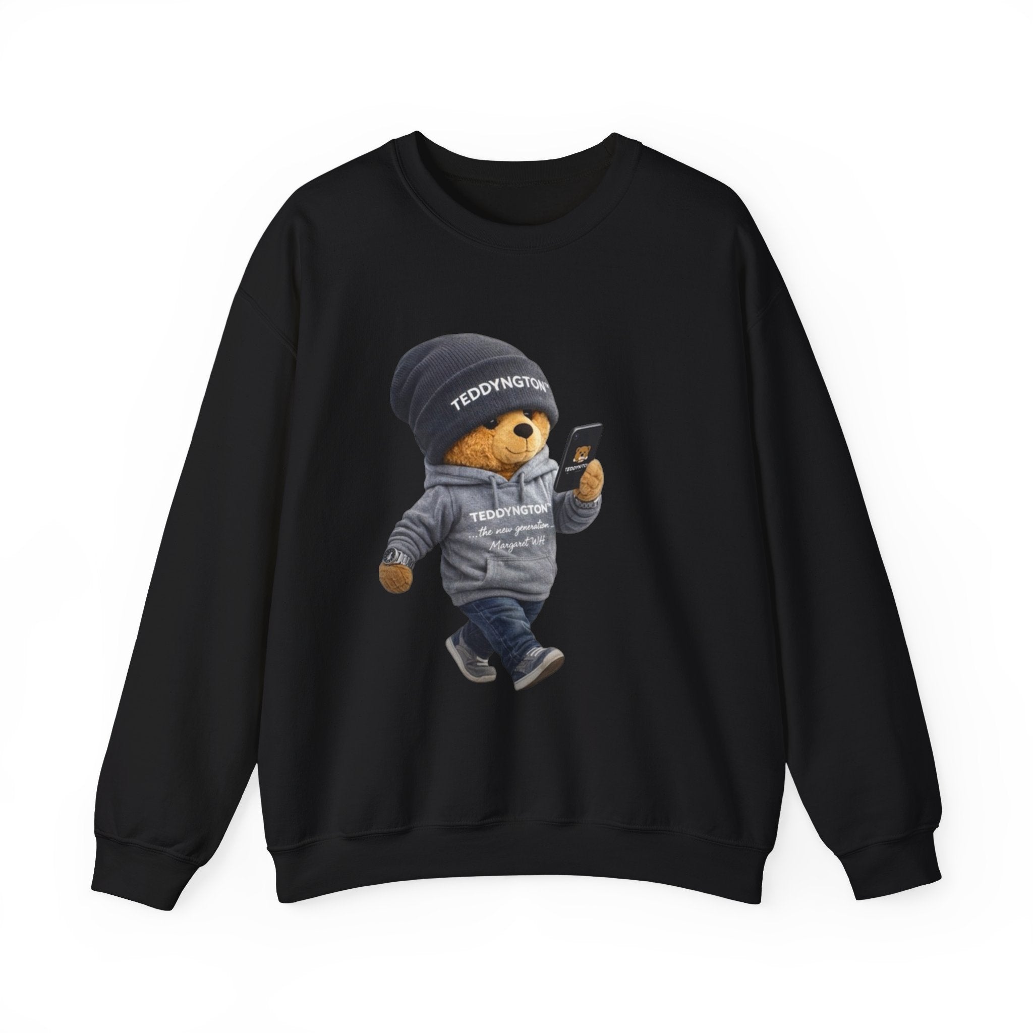 Crewneck Sweatshirt — Teddy Bear with Beanie & Phone Graphic