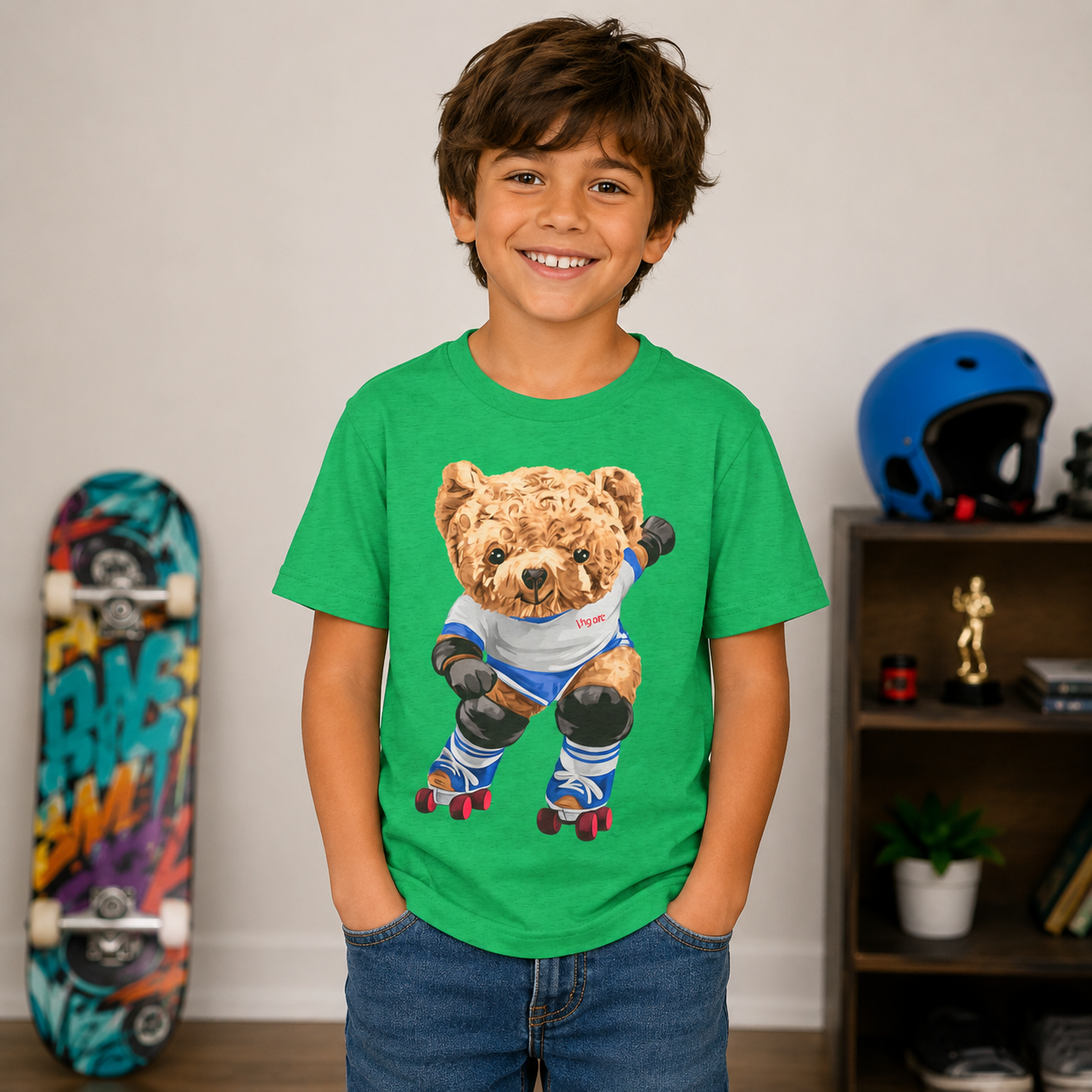 Retro Roller Skating Teddy Bear Kids T-Shirt