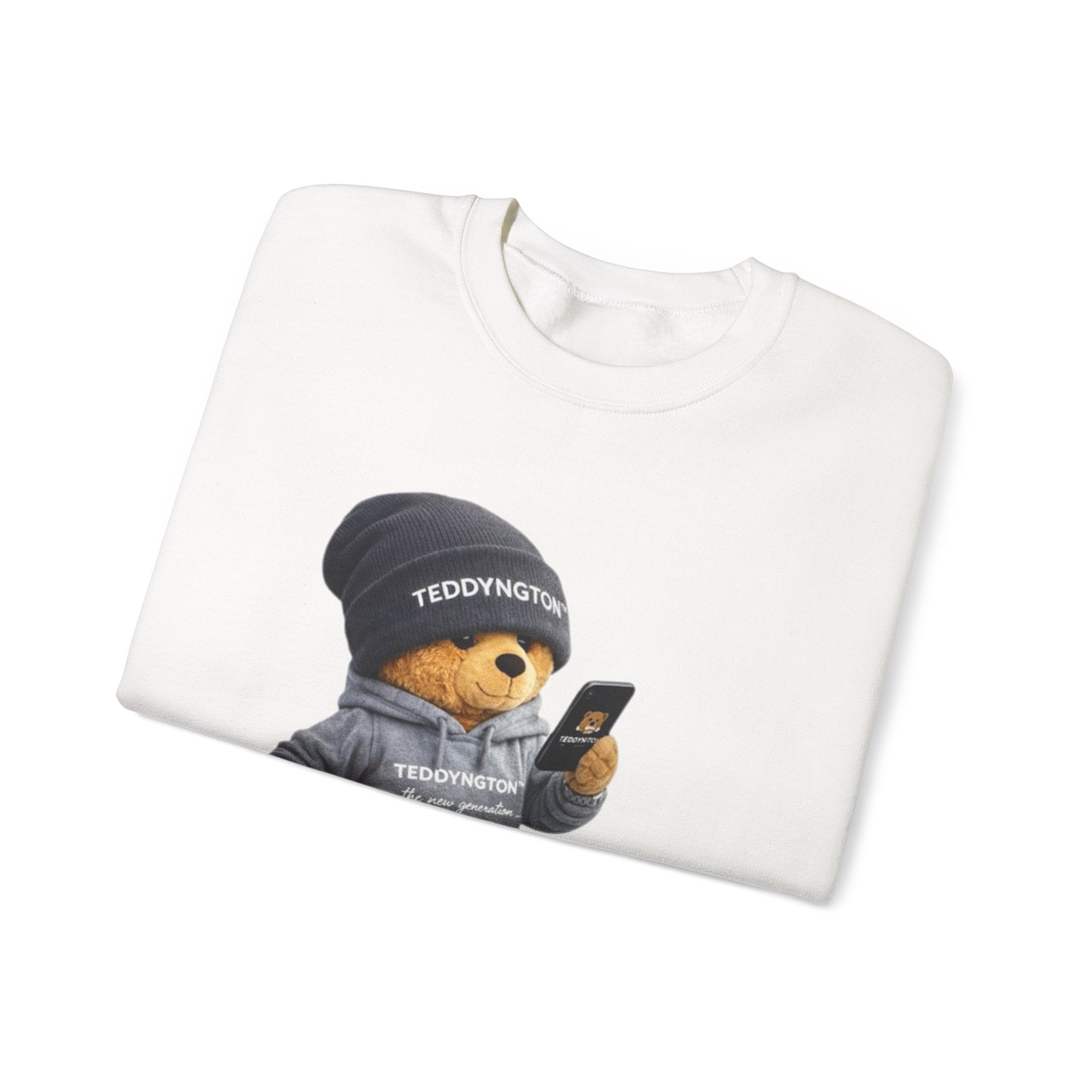 Crewneck Sweatshirt — Teddy Bear with Beanie & Phone Graphic