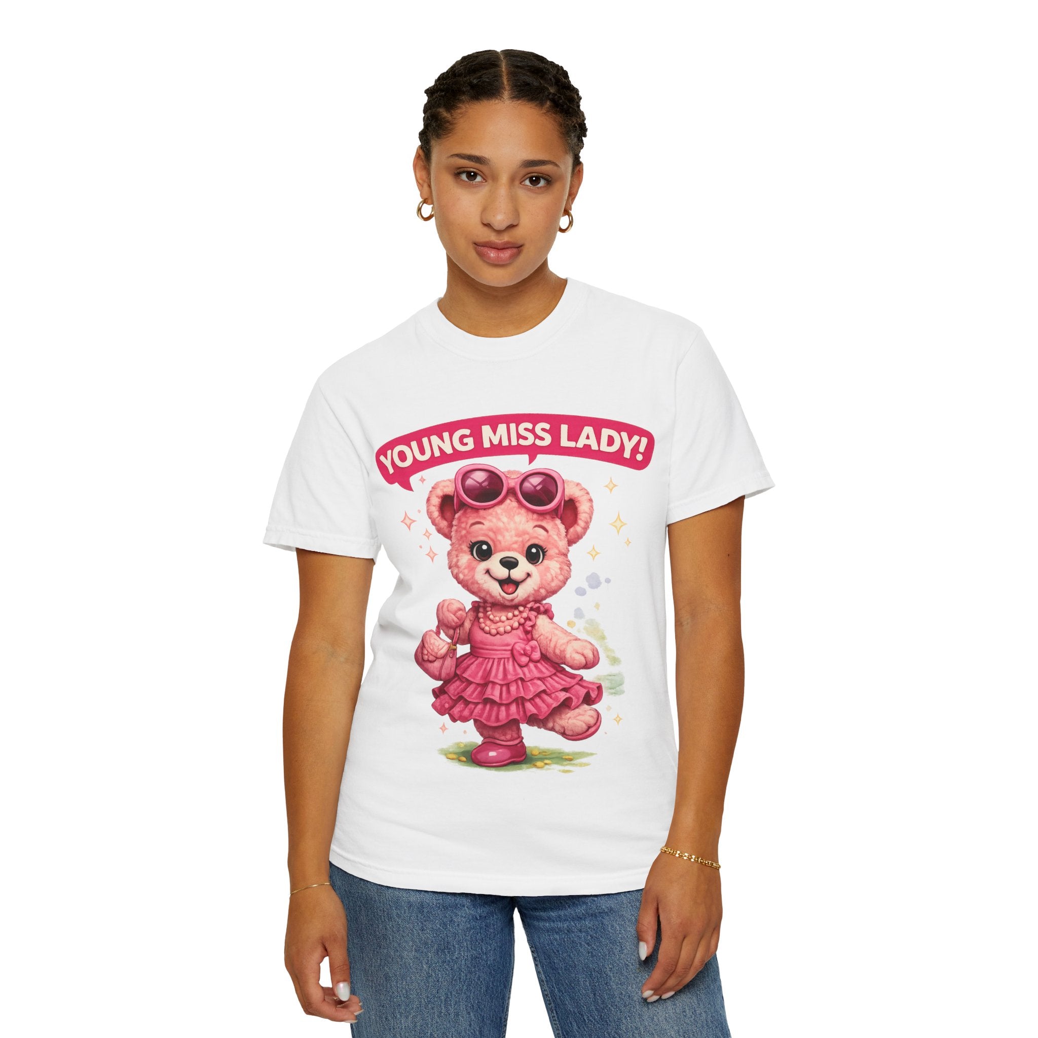 Young Miss Lady Teddy Bear T-Shirt | Cute Pink Bear Graphic Tee | Kawaii Unisex Casual Shirt | Adorable Fashion T-Shirt
