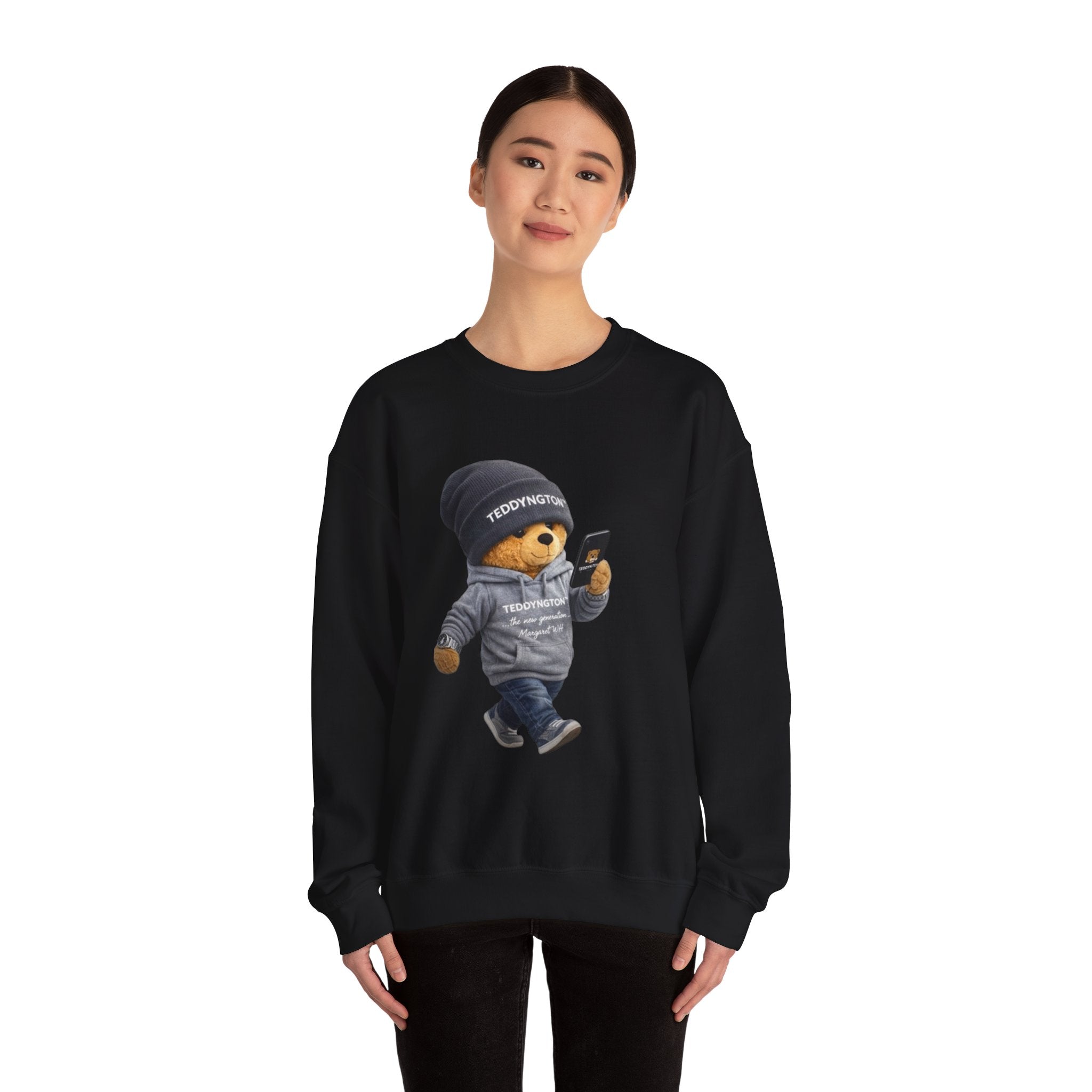 Crewneck Sweatshirt — Teddy Bear with Beanie & Phone Graphic