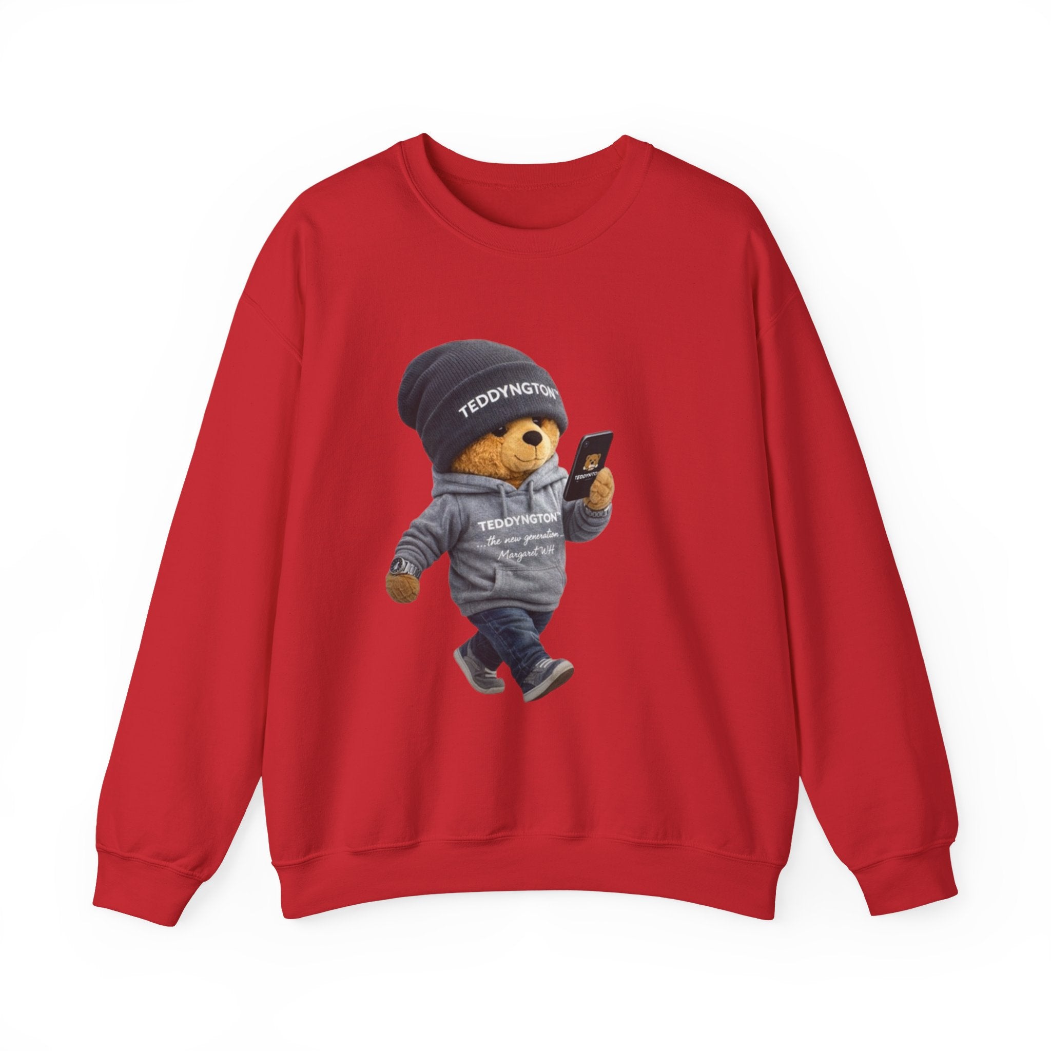 Crewneck Sweatshirt — Teddy Bear with Beanie & Phone Graphic