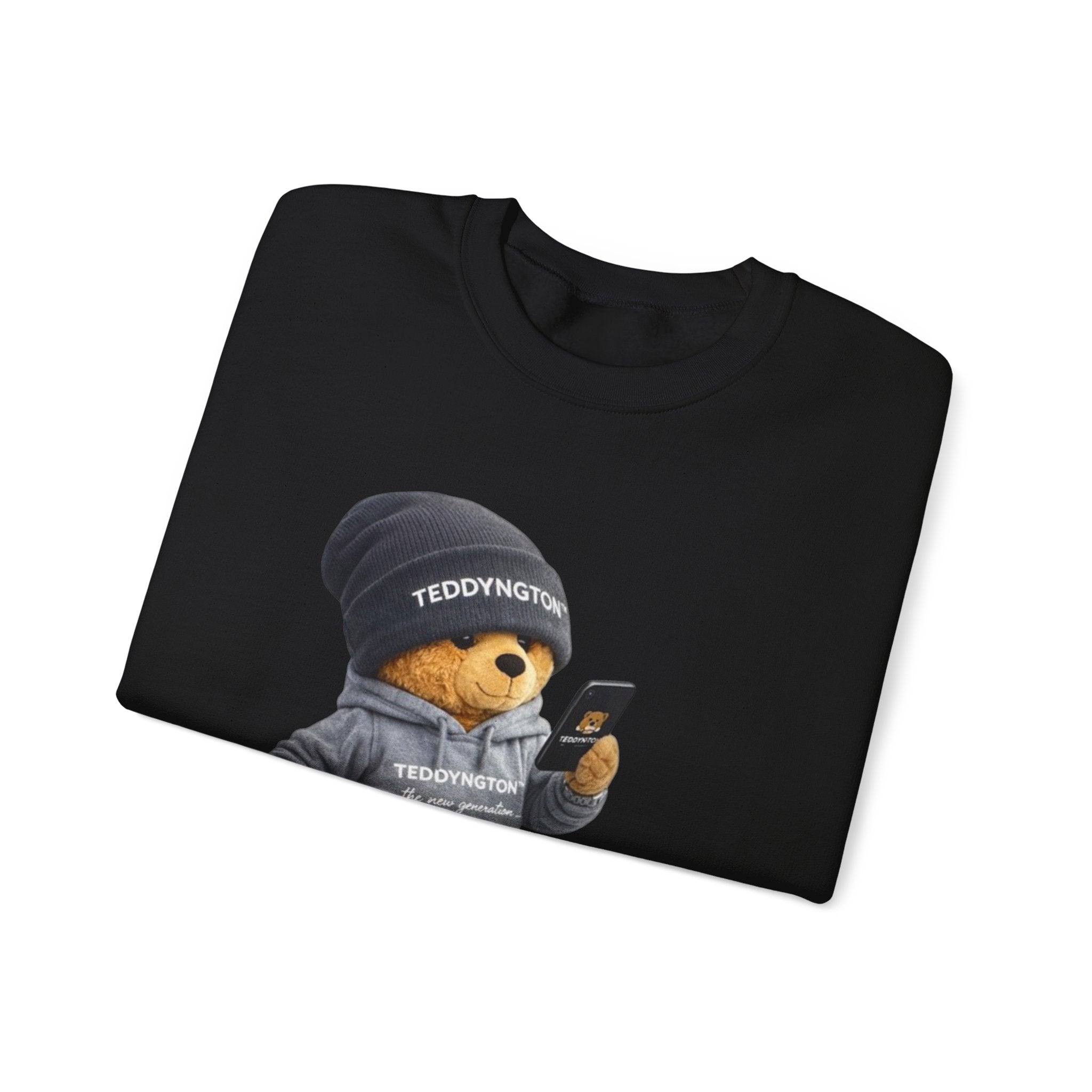 Crewneck Sweatshirt — Teddy Bear with Beanie & Phone Graphic