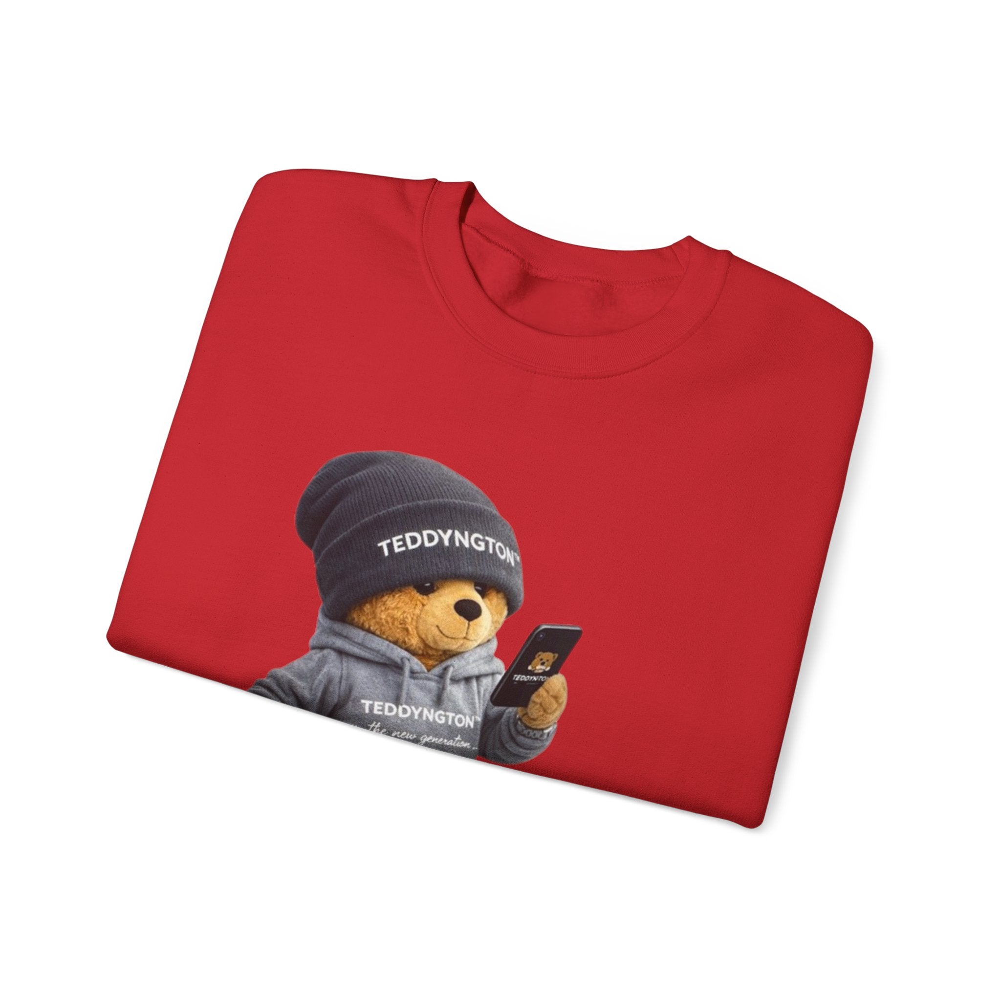 Crewneck Sweatshirt — Teddy Bear with Beanie & Phone Graphic