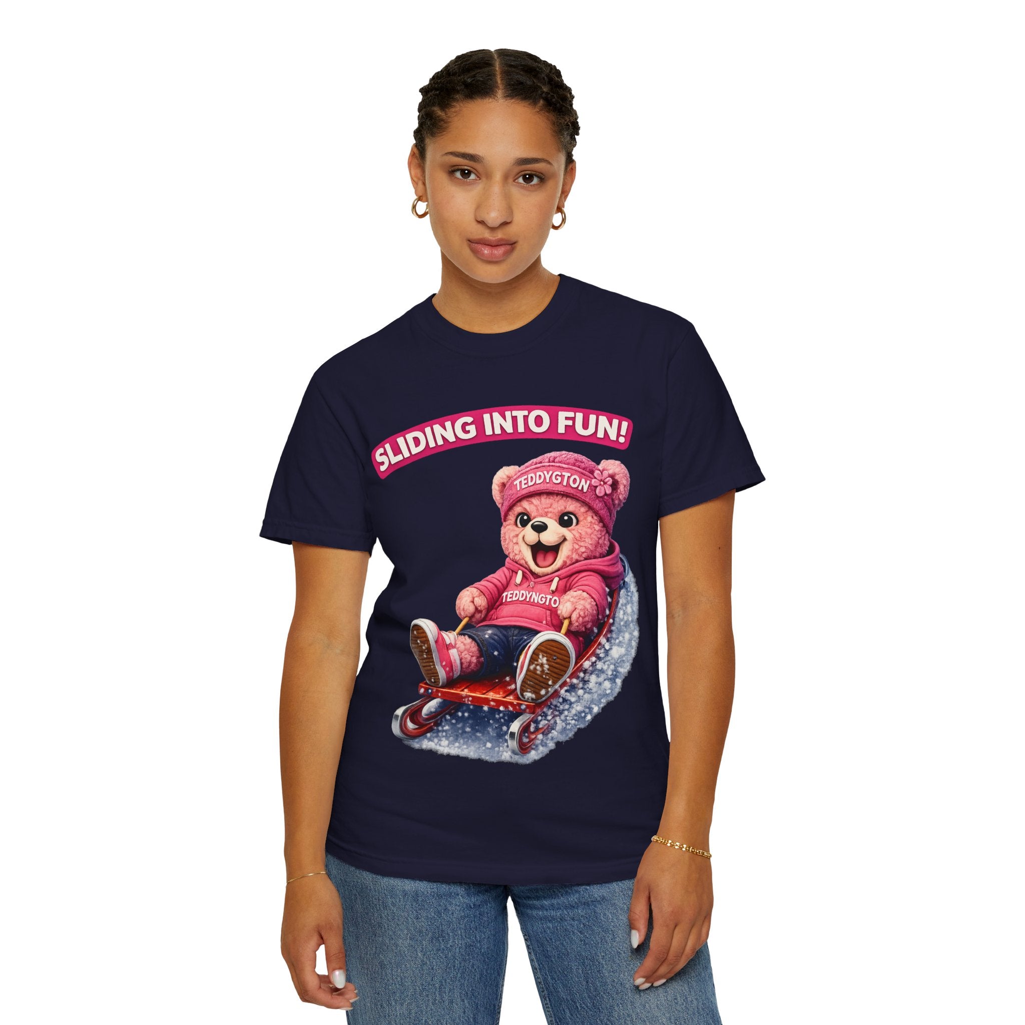 Sliding Into Fun Teddy Bear T-Shirt | Cute Winter Bear Graphic Tee | Unisex Casual Shirt | Funny Aesthetic Bear T-Shirt