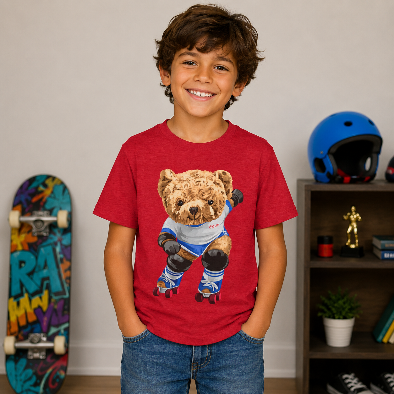 Retro Roller Skating Teddy Bear Kids T-Shirt