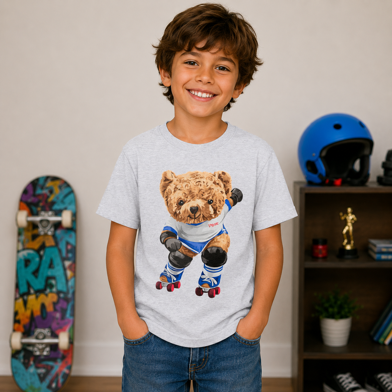 Retro Roller Skating Teddy Bear Kids T-Shirt