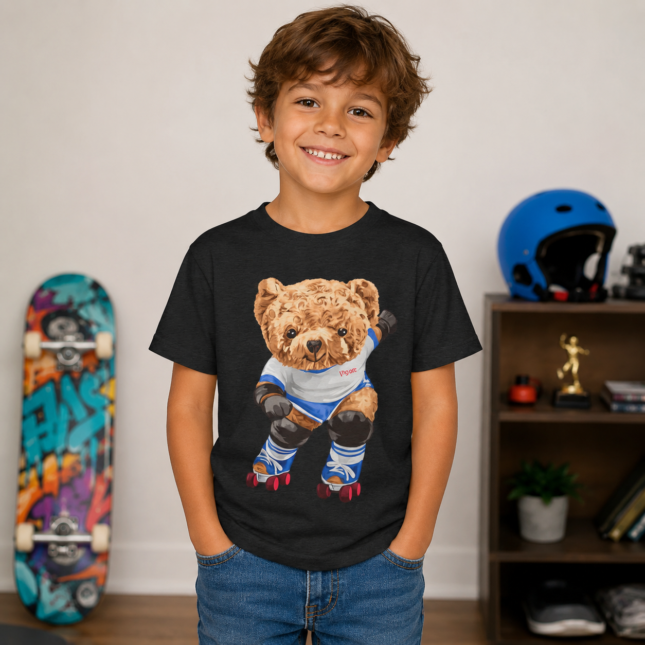 Retro Roller Skating Teddy Bear Kids T-Shirt