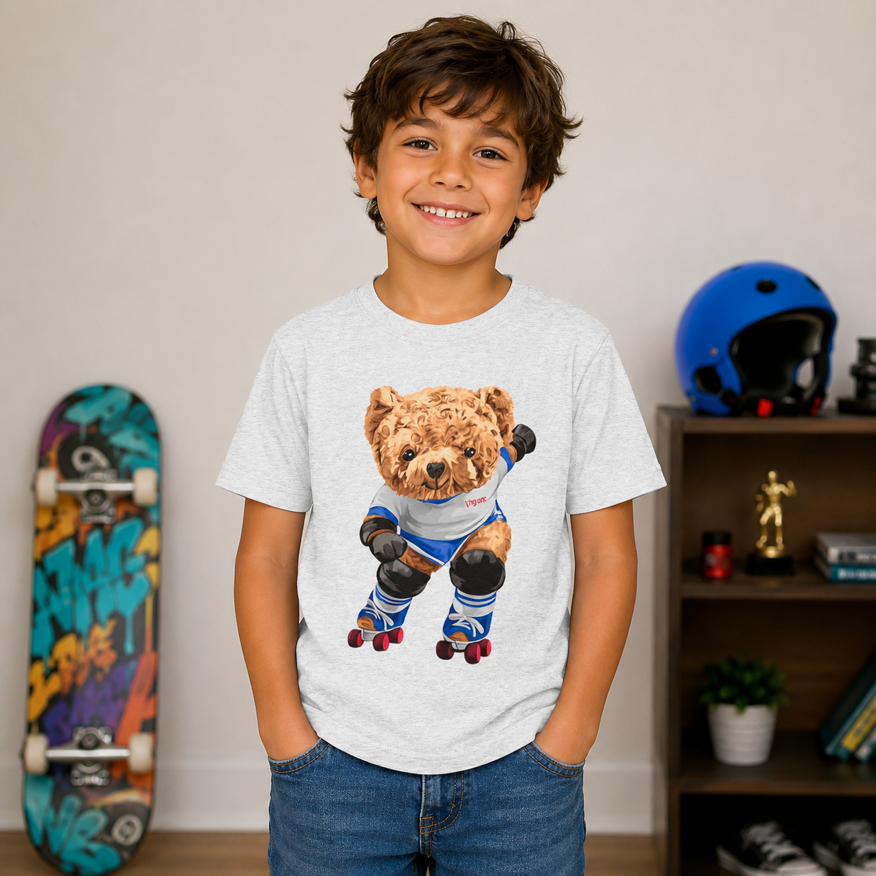 Retro Roller Skating Teddy Bear Kids T-Shirt